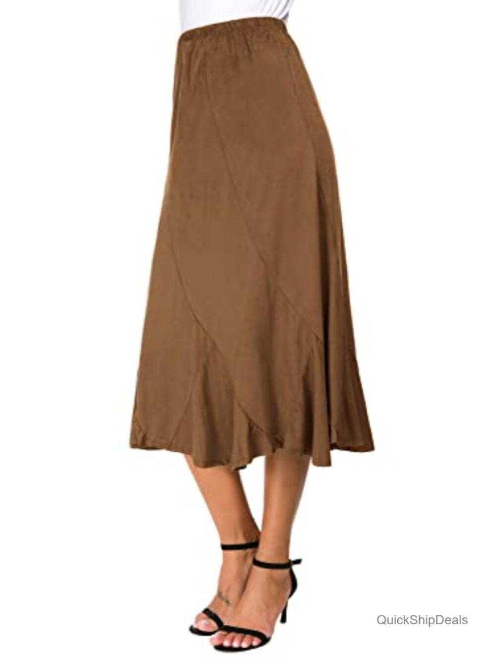 Suede A-Line Midi Skirt Elastic Waist Ruffle Hem